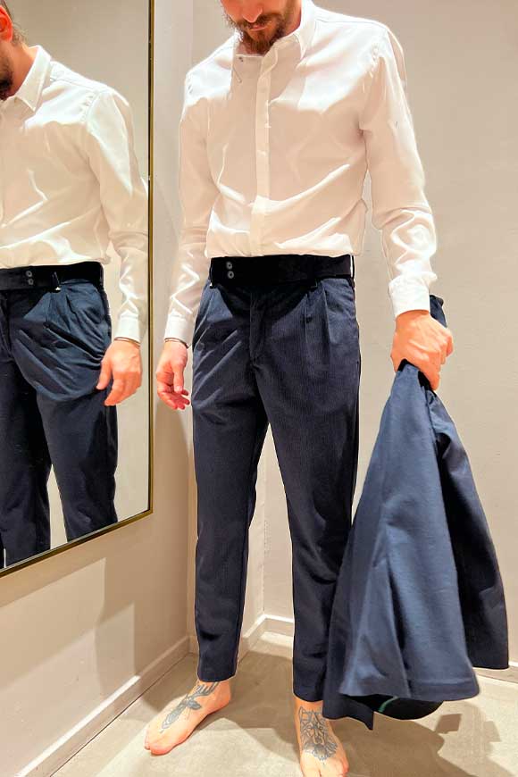 Berna - Pantaloni blu in velluto bottone laterale