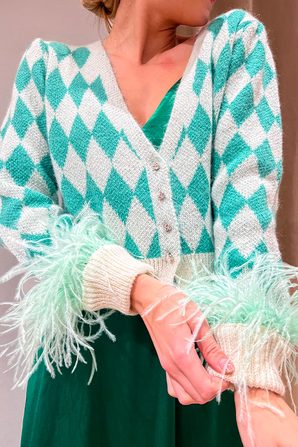 Tensione In - Green, cream cardigan with jewel buttons and feathers on the sleeve