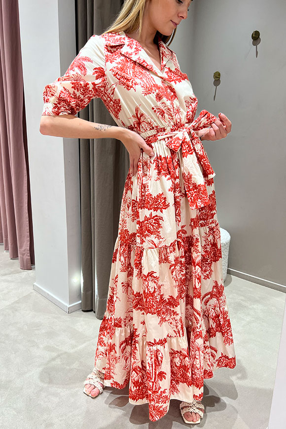 Vicolo - Vestito chemisier stampa Dior rosso, bianco a mezza manica