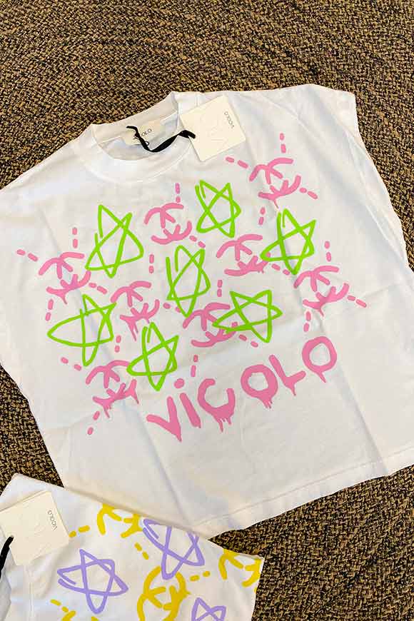 Vicolo - T shirt bianca stampa stelle verde e rosa