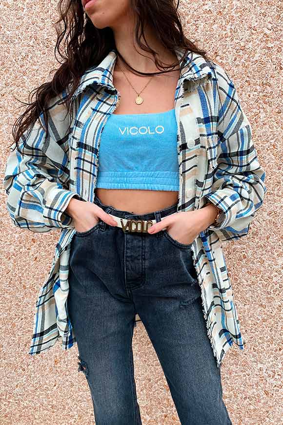Vicolo - Cream and light blue tartan shirt with fringes
