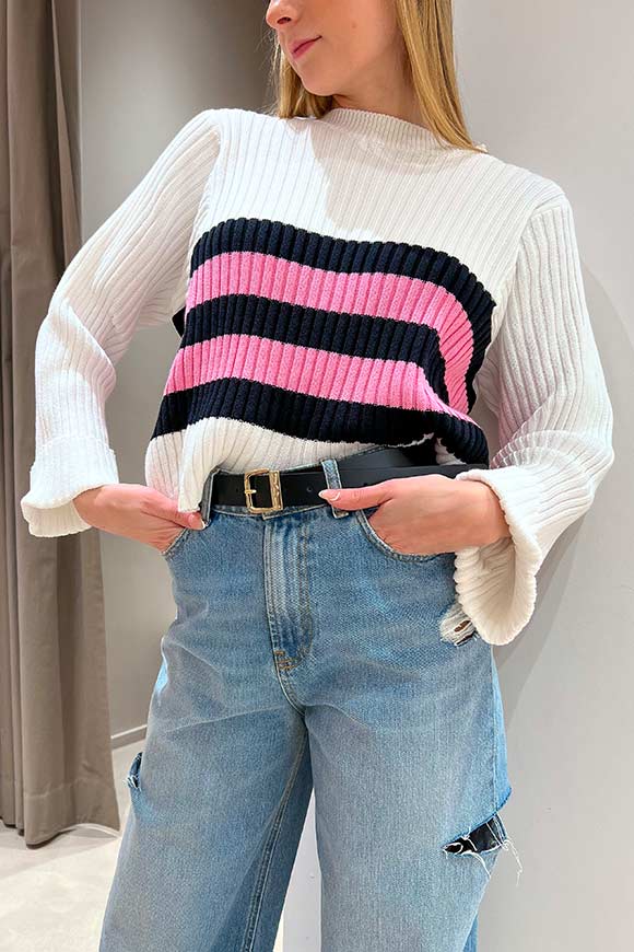 Vicolo - White shirt with pink stripes, black cuffed sleeves
