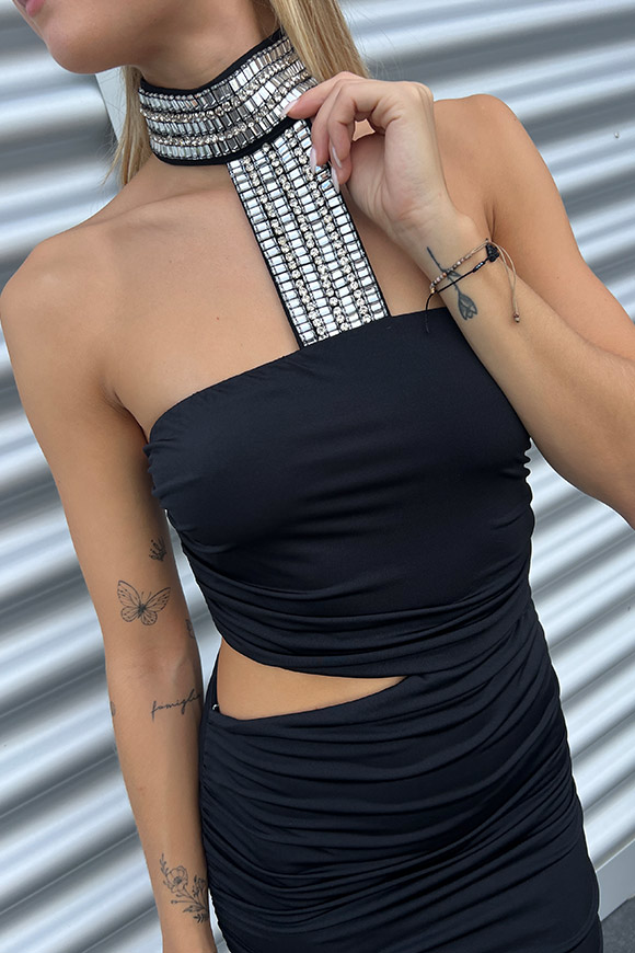 Simona Corsellini - Vestito mini nero con girocollo gioiello
