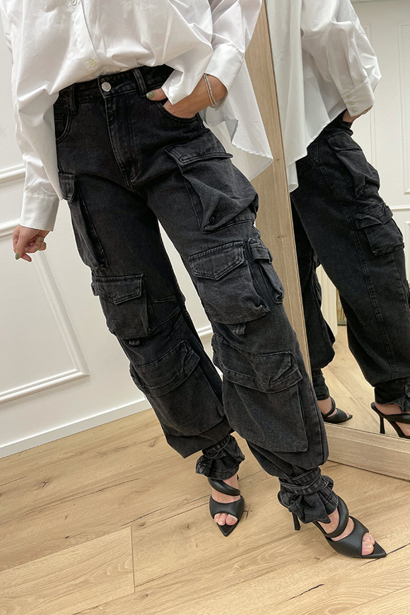 Tensione In - Jeans cargo nero slavato multi tasche