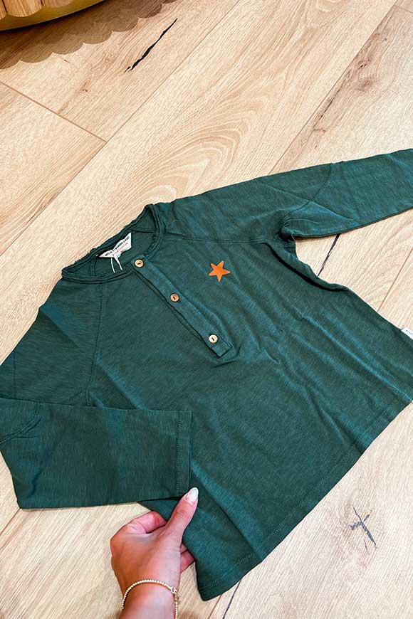 Piupiuchick - Maglietta manica lunga verde con stampa logo arancio