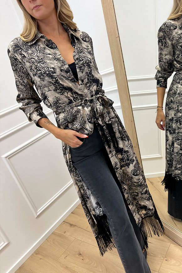 Vicolo - Vestito kimono fantasia Toile de Jouy crema e nero