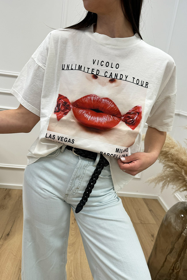 Vicolo - T shirt basic bianca stampa bocca caramella