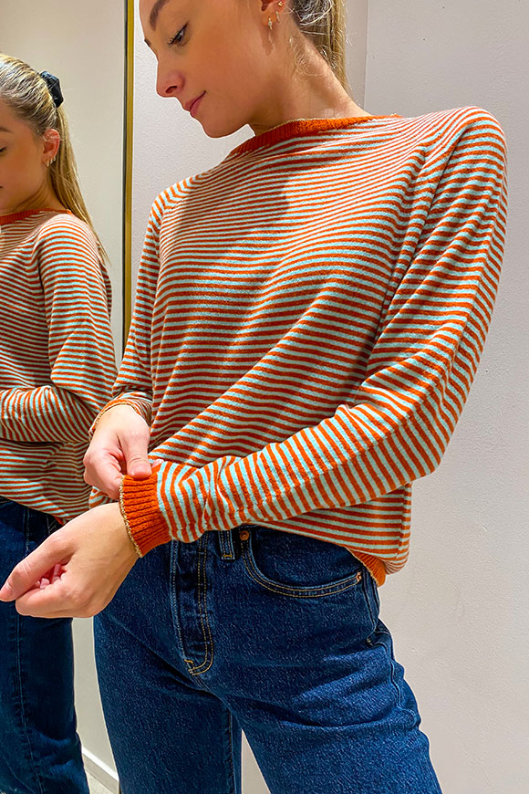 Vicolo - Rust and light blue micro stripe sweater with lurex edge in cashmerex