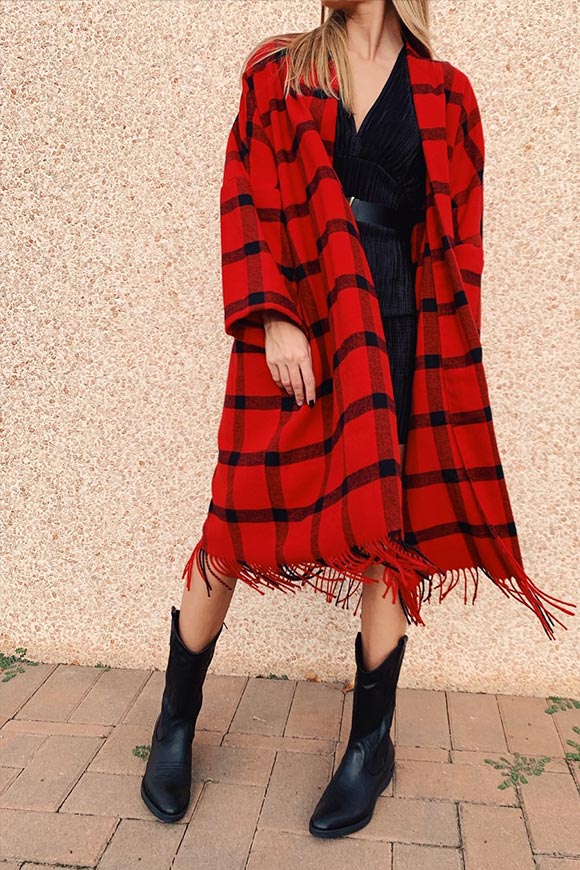 Vicolo - Red and black plaid poncho coat with fringe