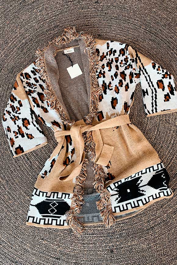 Vicolo - Poncho leopardato cammello con frange e cintura